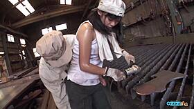 these rough workers gang up on the young bitch with small tits big nipples and heels no mercy