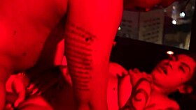 hot tattooed girl with big natural tits gets roughly fucked by muscular guy in the redroom interracial style