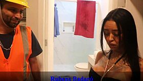 plumber fixes leak then fucks brunette in sheer lingerie with helmet on