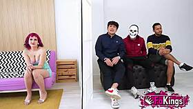 young redhead mei TEACHES three rookies a rough group lesson