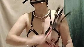 french milf slave bound in harness, craving outdoor doggystyle submission