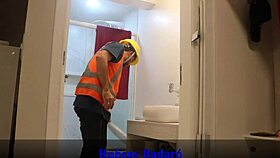 plumber fixes leak then fucks brunette in sheer lingerie with helmet on