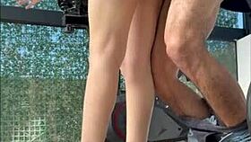 argentina gym babe sucks cock under miniskirt, wet pussy exposed?