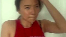 Petite Japanese teen Asia Lee gags deepthroating huge muscular cock facefuck!