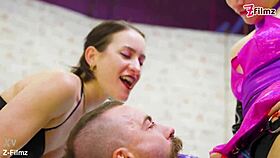 TWO DOMINAS SPANK LICK STRAPON FUCK SLAVE