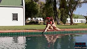 oh milf models kiss hairy pussies poolside hotly!