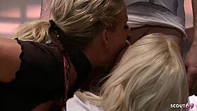 Two Blonde Milfs' Big Tits Heave With Passion In Uniform FFM Threesome Thrill