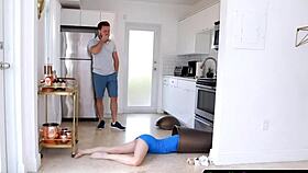 Petite teen gets hardcore gangbang after getting stuck under trash