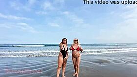 slutty babe flashes her pussy and ass on the beach with hot friend