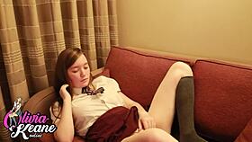 naughty college girl strips panties fingers her shaved pussy to intense orgasm