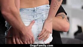 Guys punish wild partying teen with rough orgy blowjobs and cumshots