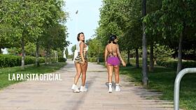 La Paisita Oficial and Mariana Martix rough outdoor lesbian ass fingering