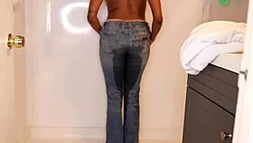 ebony model soaks jeans peeing messy in steamy shower fetish