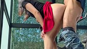 argentina gym babe sucks cock under miniskirt, wet pussy exposed?