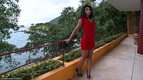 ria rodriguez shows off red dress and panties