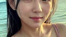 Mature model wanders the sunny beach in casual narrative stroll