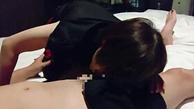 Amateur Japanese maid in red miniskirt sucks cock deep then creampie