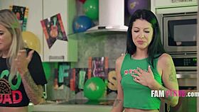 blonde and brunette hotties compete in interracial cum game