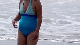 Wife flashes huge tits on beach strips naked fingers pussy hunts cock voyeur