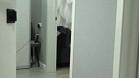 Thick chubby milf's big boobs bounce under short robe on home cam