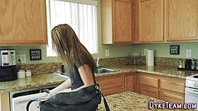 Straight latina teen explores pussy licking with petite friend in kitchen