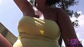 Risky PUBLIC FLASHING by hot thick curvy LATINA bares SHAVED PUSSY