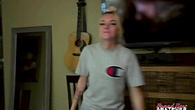 skinny blonde gets naked rubs her small tits and strokes hard cock