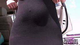 Risky PUBLIC FLASHING by hot thick curvy LATINA bares SHAVED PUSSY