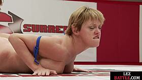 busty girlfriend wrestles her dyke rival before taking hard strapon pounding