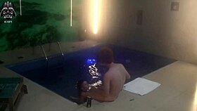 A horny couple invites friends for bareback threesome fun in motel pool sauna
