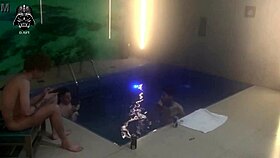 A horny couple invites friends for bareback threesome fun in motel pool sauna