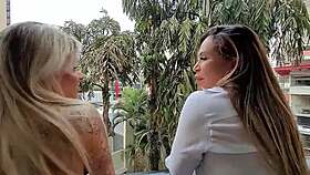 my naughty friend sucked me in the hotel sauna then we had a wild threesome with the watching client in sheer lingerie