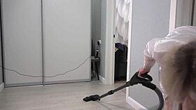 Thick chubby milf's big boobs bounce under short robe on home cam