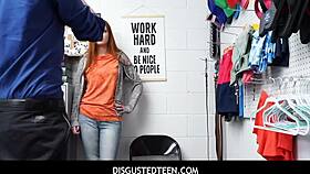 A disgusted hot teen shoplifter scarlett mae gets caught stealing tv then fucked hard by pervy loss prevention officer in back office