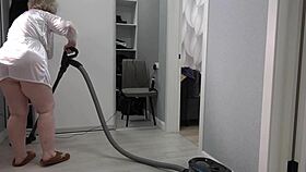 Thick chubby milf's big boobs bounce under short robe on home cam