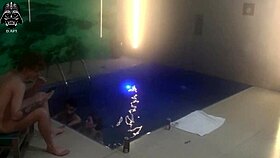 A horny couple invites friends for bareback threesome fun in motel pool sauna