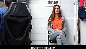 A disgusted hot teen shoplifter scarlett mae gets caught stealing tv then fucked hard by pervy loss prevention officer in back office