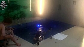 A horny couple invites friends for bareback threesome fun in motel pool sauna