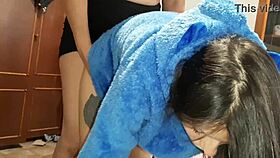 Boldly crashing neighbors' steamy lesbian threesome orgy