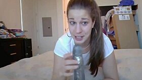 texas babe spreads legs wide, shaved pussy teased close-up with big dildo on webcam