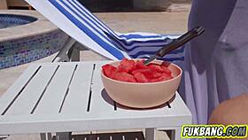 that huge titty milf grabs his hard cock for intense poolside pounding