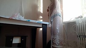 Caught her masturbating wildly behind the curtain