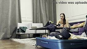 hot brunette teases big cock guy with handjob in miniskirt, ignoring his begs