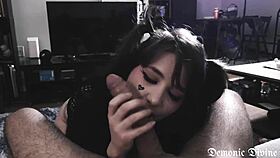cute goth gf's ahegao deepthroat pov blowjob swallows cum