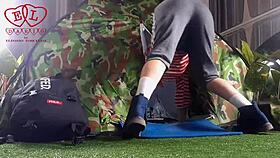 stranger dominates nudist lady pussy fuck in forest camp