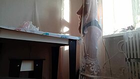 Caught her masturbating wildly behind the curtain