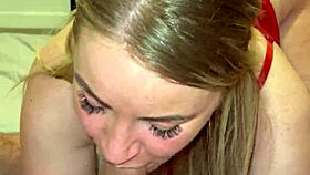 young tattooed mommy blows huge cock on bed swallowing every drop