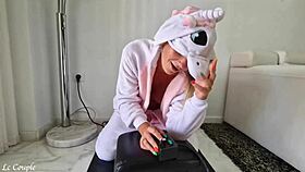 Milf in unicorn costume squirts on sybian vibrator ride