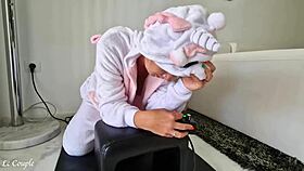 Milf in unicorn costume squirts on sybian vibrator ride