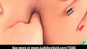 Busty ladyboy model takes intense anal bareback pounding